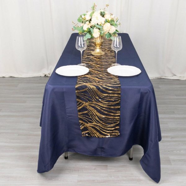 Sequin & Shimmer Runners |  12″x108″ Black Gold Wave Embroidered Sequins Table Runner