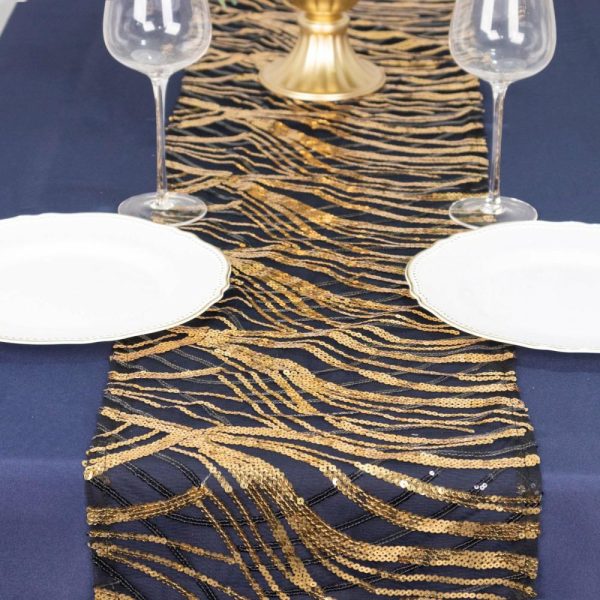 Sequin & Shimmer Runners |  12″x108″ Black Gold Wave Embroidered Sequins Table Runner