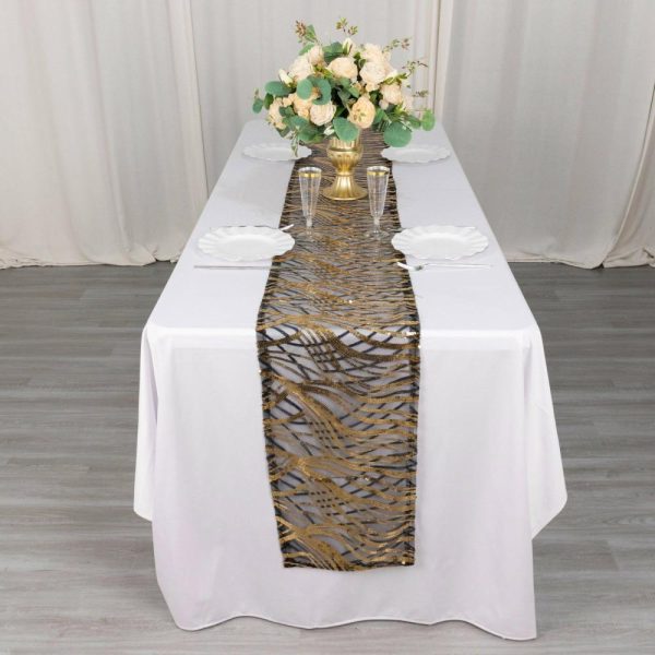 Sequin & Shimmer Runners |  12″x108″ Black Gold Wave Embroidered Sequins Table Runner