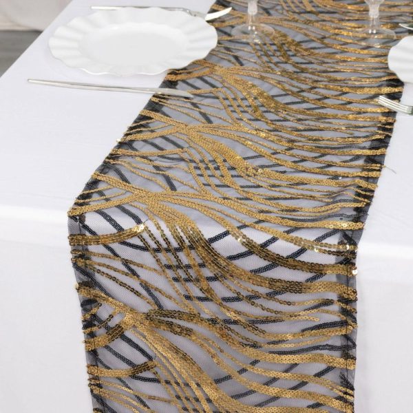 Sequin & Shimmer Runners |  12″x108″ Black Gold Wave Embroidered Sequins Table Runner