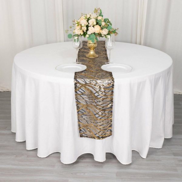 Sequin & Shimmer Runners |  12″x108″ Black Gold Wave Embroidered Sequins Table Runner