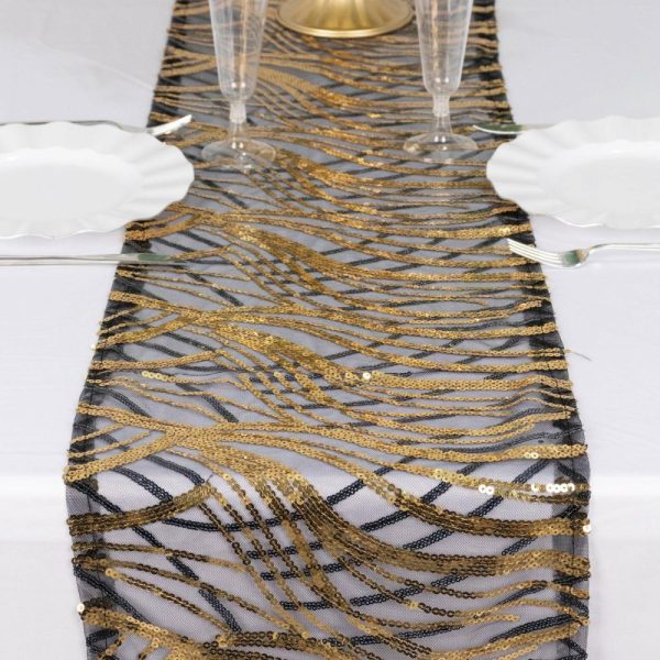 Sequin & Shimmer Runners |  12″x108″ Black Gold Wave Embroidered Sequins Table Runner