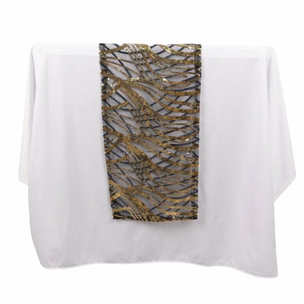 Sequin & Shimmer Runners |  12″x108″ Black Gold Wave Embroidered Sequins Table Runner