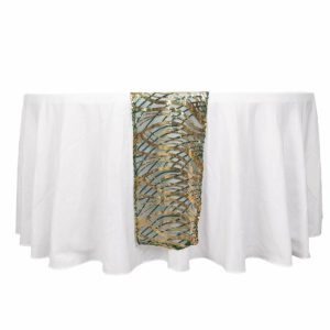 Sequin & Shimmer Runners |  12″x108″ Hunter Emerald Green Gold Wave Embroidered Sequins Table Runner