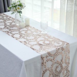 Sequin & Shimmer Runners |  12″x108″ Sparkly Rose Gold Leaf Vine Sequin Tulle Table Runner