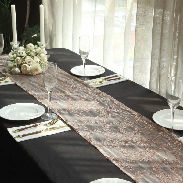 Sequin & Shimmer Runners |  12″x108″ Sparkly Rose Gold Leaf Vine Sequin Tulle Table Runner