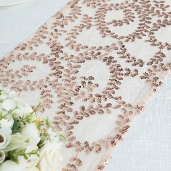 Sequin & Shimmer Runners |  12″x108″ Sparkly Rose Gold Leaf Vine Sequin Tulle Table Runner