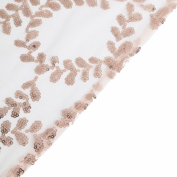 Sequin & Shimmer Runners |  12″x108″ Sparkly Rose Gold Leaf Vine Sequin Tulle Table Runner