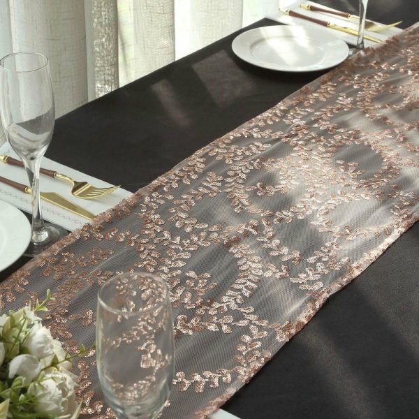 Sequin & Shimmer Runners |  12″x108″ Sparkly Rose Gold Leaf Vine Sequin Tulle Table Runner