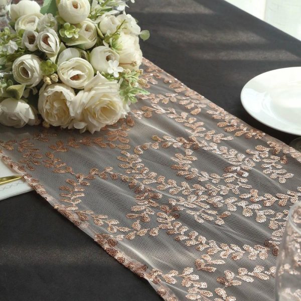 Sequin & Shimmer Runners |  12″x108″ Sparkly Rose Gold Leaf Vine Sequin Tulle Table Runner