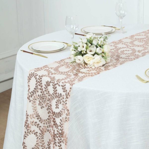 Sequin & Shimmer Runners |  12″x108″ Sparkly Rose Gold Leaf Vine Sequin Tulle Table Runner