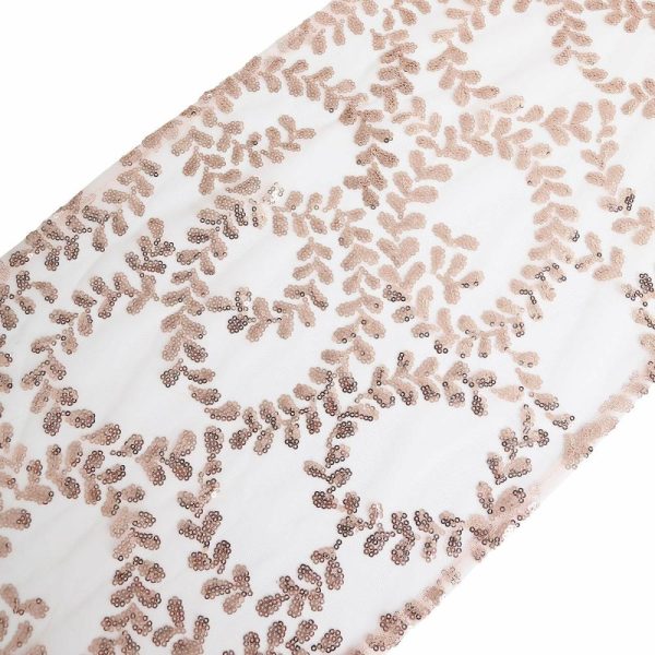 Sequin & Shimmer Runners |  12″x108″ Sparkly Rose Gold Leaf Vine Sequin Tulle Table Runner