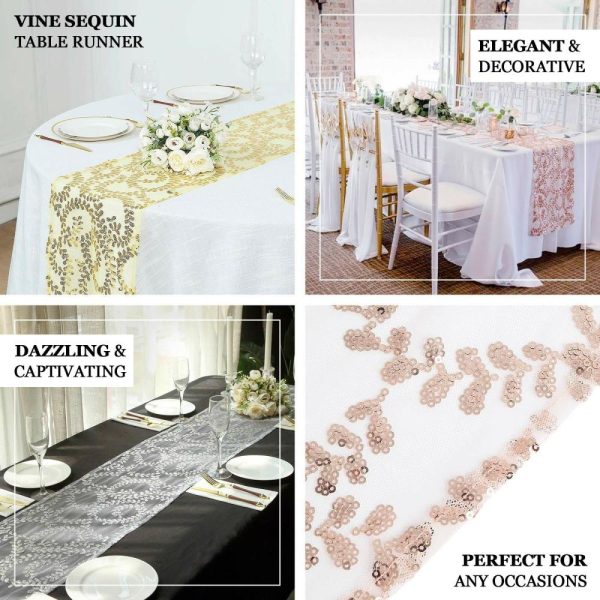 Sequin & Shimmer Runners |  12″x108″ Sparkly Rose Gold Leaf Vine Sequin Tulle Table Runner