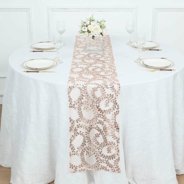 Sequin & Shimmer Runners |  12″x108″ Sparkly Rose Gold Leaf Vine Sequin Tulle Table Runner