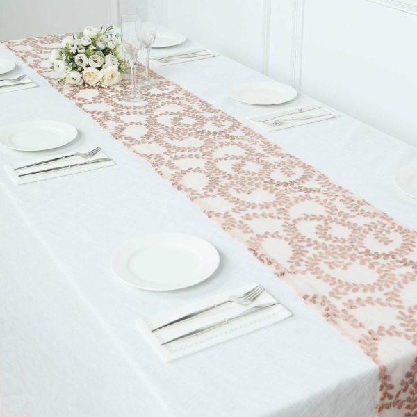 Sequin & Shimmer Runners |  12″x108″ Sparkly Rose Gold Leaf Vine Sequin Tulle Table Runner