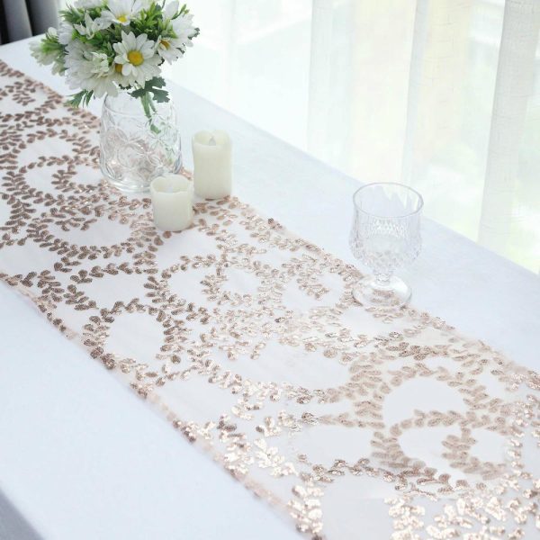 Sequin & Shimmer Runners |  12″x108″ Sparkly Rose Gold Leaf Vine Sequin Tulle Table Runner