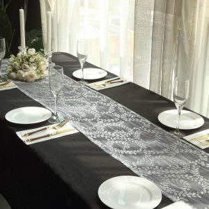 Sequin & Shimmer Runners |  12″x108″ Sparkly Silver Leaf Vine Sequin Tulle Table Runner