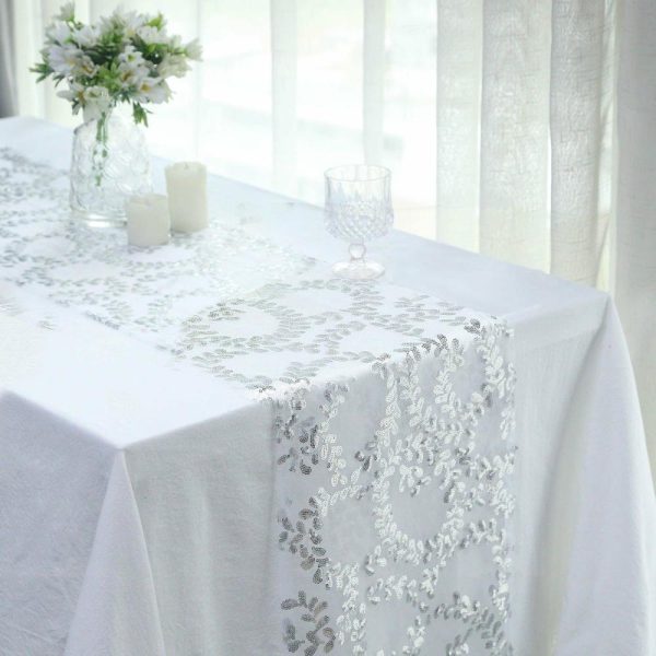 Sequin & Shimmer Runners |  12″x108″ Sparkly Silver Leaf Vine Sequin Tulle Table Runner