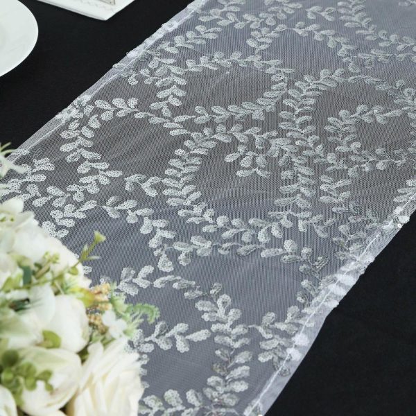 Sequin & Shimmer Runners |  12″x108″ Sparkly Silver Leaf Vine Sequin Tulle Table Runner