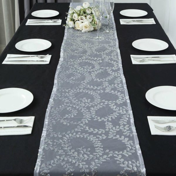 Sequin & Shimmer Runners |  12″x108″ Sparkly Silver Leaf Vine Sequin Tulle Table Runner