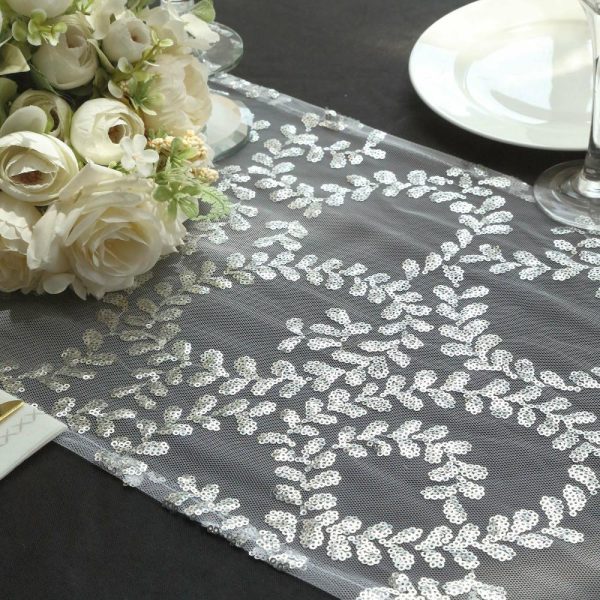 Sequin & Shimmer Runners |  12″x108″ Sparkly Silver Leaf Vine Sequin Tulle Table Runner