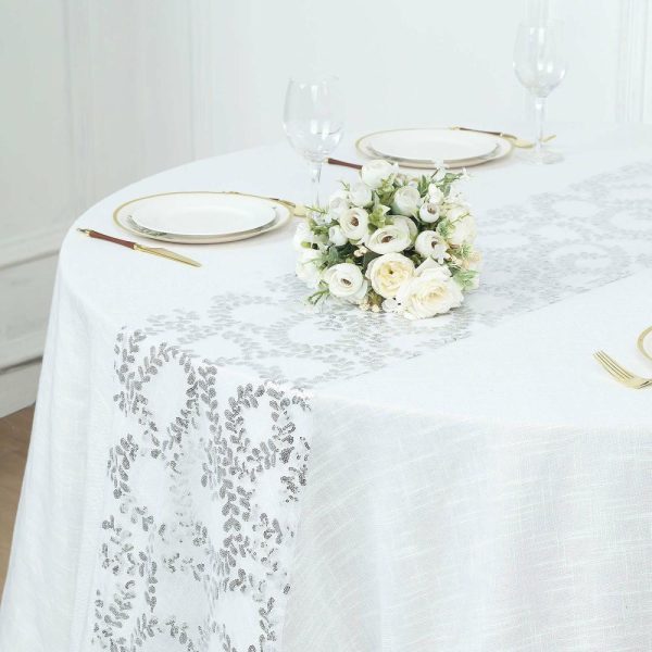 Sequin & Shimmer Runners |  12″x108″ Sparkly Silver Leaf Vine Sequin Tulle Table Runner