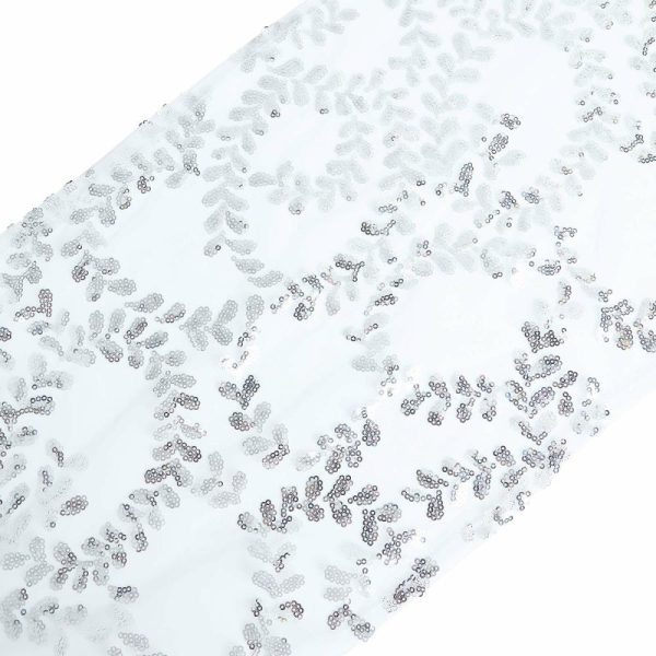 Sequin & Shimmer Runners |  12″x108″ Sparkly Silver Leaf Vine Sequin Tulle Table Runner