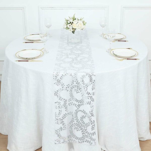 Sequin & Shimmer Runners |  12″x108″ Sparkly Silver Leaf Vine Sequin Tulle Table Runner