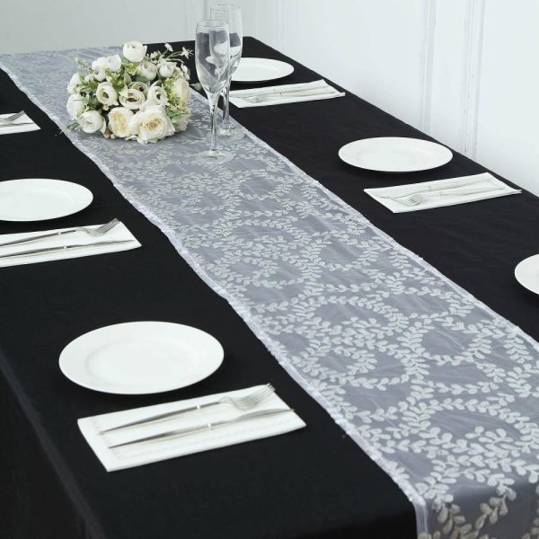 Sequin & Shimmer Runners |  12″x108″ Sparkly Silver Leaf Vine Sequin Tulle Table Runner