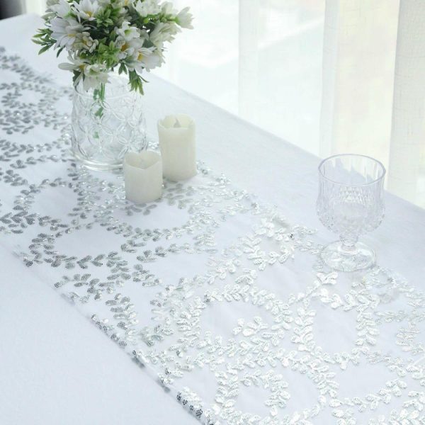 Sequin & Shimmer Runners |  12″x108″ Sparkly Silver Leaf Vine Sequin Tulle Table Runner