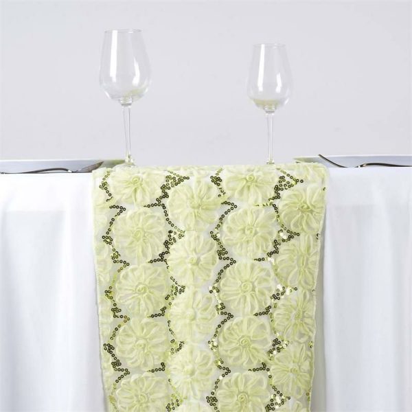 Sequin & Shimmer Runners |  12″x108″ Tea Green Sequin Studded Floral Tulle Table Runner