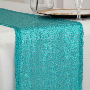 Sequin & Shimmer Runners |  12″x108″ Turquoise Premium Sequin Table Runner