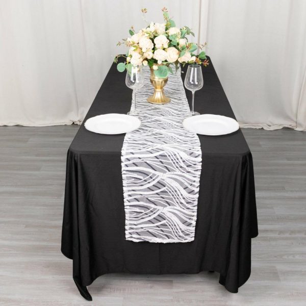 Sequin & Shimmer Runners |  12″x108″ White Black Wave Embroidered Sequins Table Runner