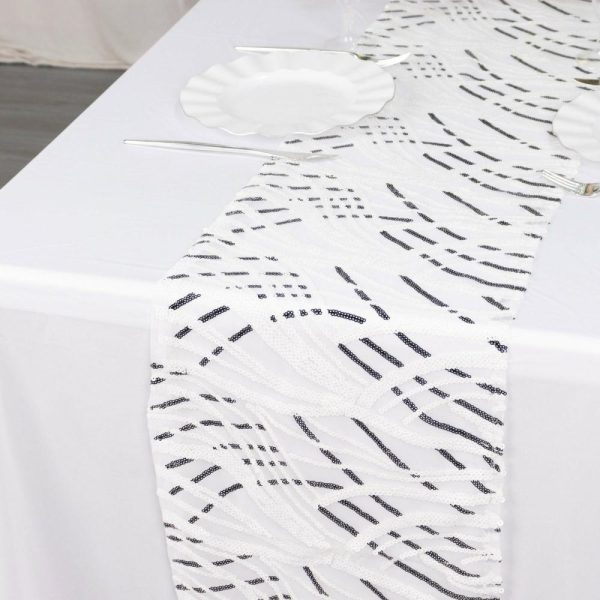 Sequin & Shimmer Runners |  12″x108″ White Black Wave Embroidered Sequins Table Runner