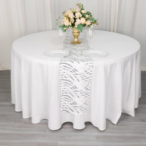 Sequin & Shimmer Runners |  12″x108″ White Black Wave Embroidered Sequins Table Runner