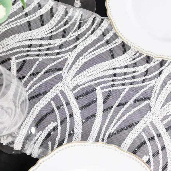 Sequin & Shimmer Runners |  12″x108″ White Black Wave Embroidered Sequins Table Runner