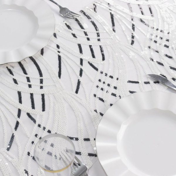 Sequin & Shimmer Runners |  12″x108″ White Black Wave Embroidered Sequins Table Runner