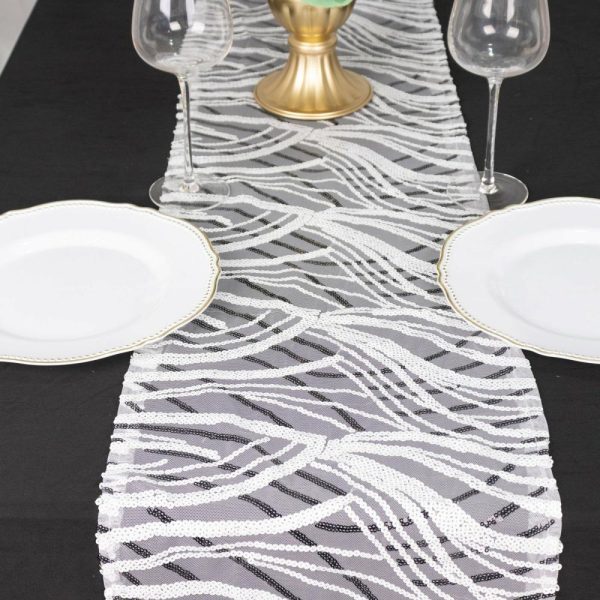 Sequin & Shimmer Runners |  12″x108″ White Black Wave Embroidered Sequins Table Runner