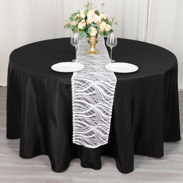 Sequin & Shimmer Runners |  12″x108″ White Black Wave Embroidered Sequins Table Runner