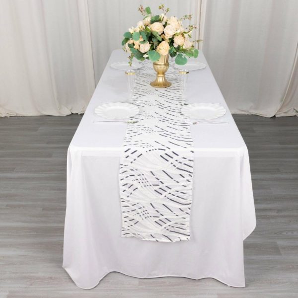 Sequin & Shimmer Runners |  12″x108″ White Black Wave Embroidered Sequins Table Runner