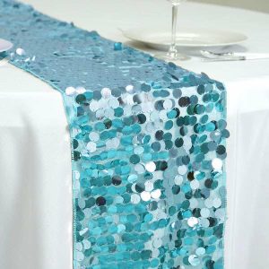 Sequin & Shimmer Runners |  13″x108″ Turquoise Big Payette Sequin Table Runner