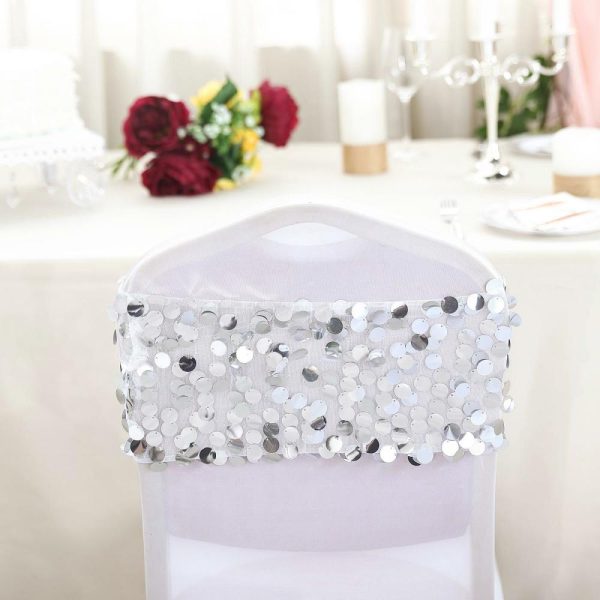 Sequin & Shimmer Sashes |  5 Pack 13″x10″ Silver Big Payette Sequin Chair Sash Bands