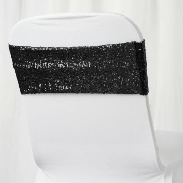 Sequin & Shimmer Sashes |  5 Pack 6″x15″ Black Sequin Spandex Chair Sashes Bands