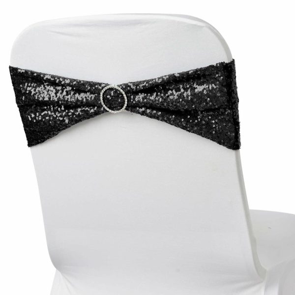 Sequin & Shimmer Sashes |  5 Pack 6″x15″ Black Sequin Spandex Chair Sashes Bands