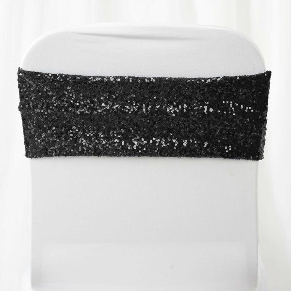 Sequin & Shimmer Sashes |  5 Pack 6″x15″ Black Sequin Spandex Chair Sashes Bands