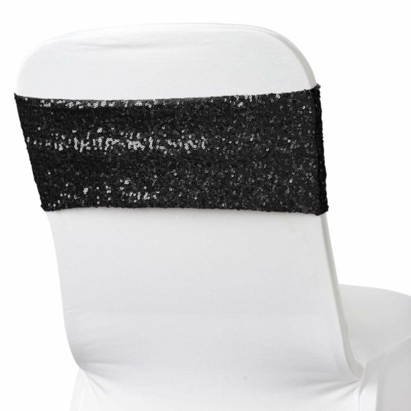 Sequin & Shimmer Sashes |  5 Pack 6″x15″ Black Sequin Spandex Chair Sashes Bands