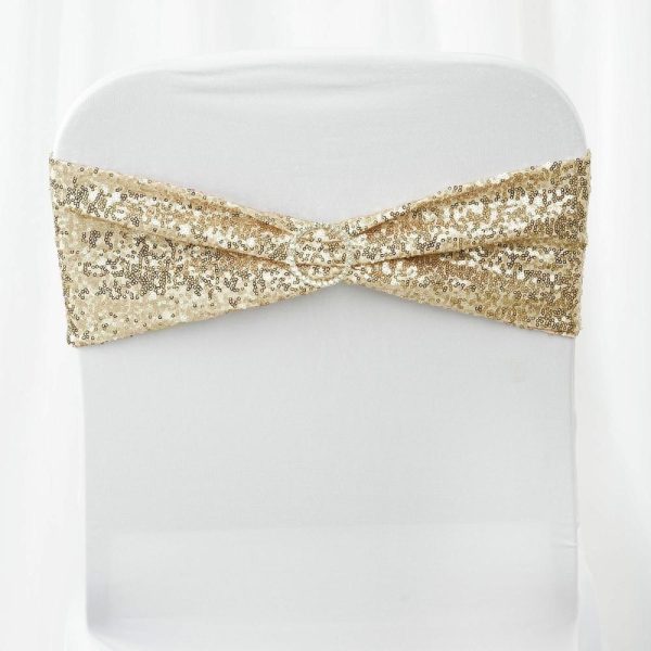 Sequin & Shimmer Sashes |  5 Pack 6″x15″ Champagne Sequin Spandex Chair Sashes Bands