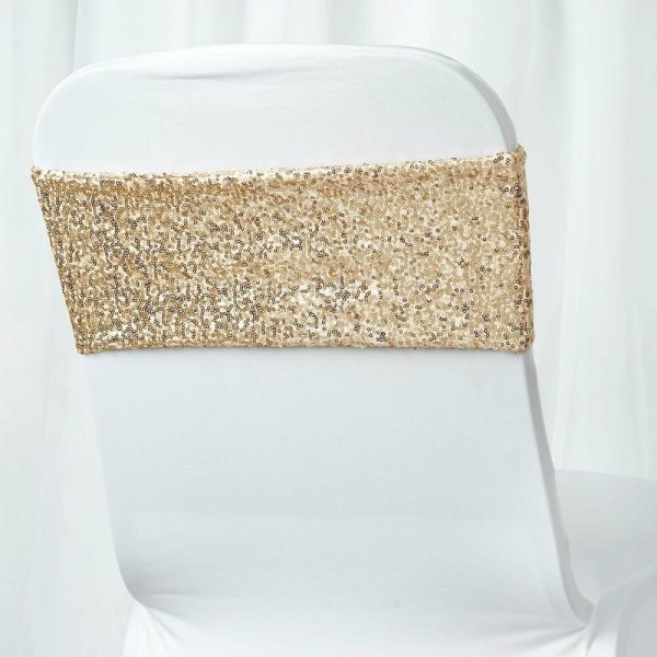 Sequin & Shimmer Sashes |  5 Pack 6″x15″ Champagne Sequin Spandex Chair Sashes Bands