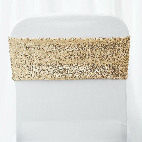 Sequin & Shimmer Sashes |  5 Pack 6″x15″ Champagne Sequin Spandex Chair Sashes Bands