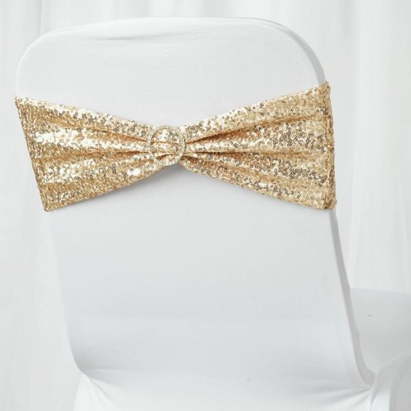 Sequin & Shimmer Sashes |  5 Pack 6″x15″ Champagne Sequin Spandex Chair Sashes Bands